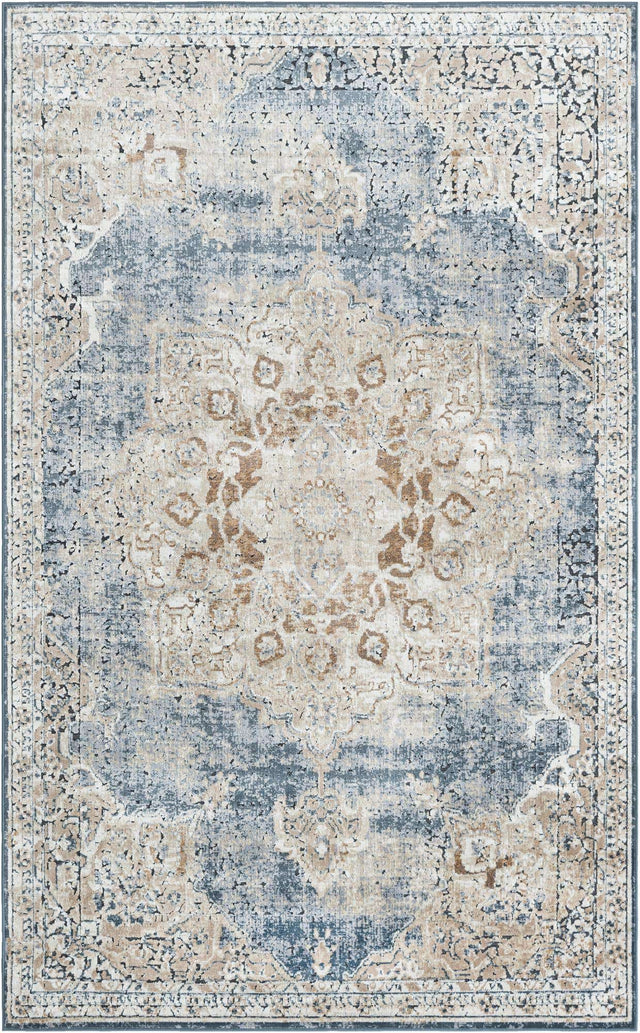 Slate Blue 5' 3 x 8' Chateau Rectangle Area Rug 85% Polypropylene & 15% Chenille With Cotton Backing Traditional Vintage Distressed Carpet for Classical Interior Design Decorating for Sale at Rug Engine