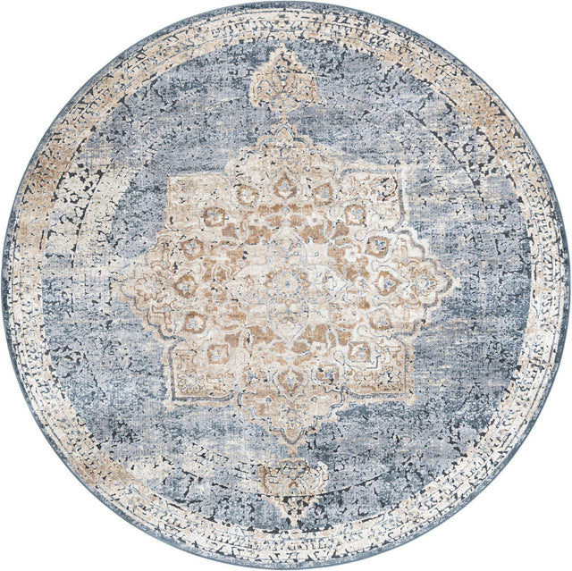 Slate Blue 7' 10 x 7' 10 Chateau Round Area Rug 85% Polypropylene & 15% Chenille With Cotton Backing Traditional Vintage Distressed Carpet for Classical Interior Design Decorating for Sale at Rug Engine
