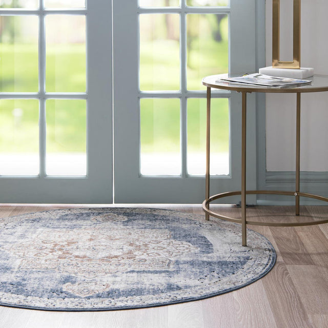 Slate Blue 7' 10 x 7' 10 Chateau Round Area Rug 85% Polypropylene & 15% Chenille With Cotton Backing Traditional Vintage Distressed Carpet for Classical Interior Design Decorating for Sale at Rug Engine