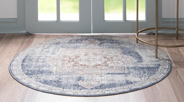 Slate Blue 4' 1 x 4' 1 Chateau Round Area Rug 85% Polypropylene & 15% Chenille With Cotton Backing Traditional Vintage Distressed Carpet for Classical Interior Design Decorating for Sale at Rug Engine