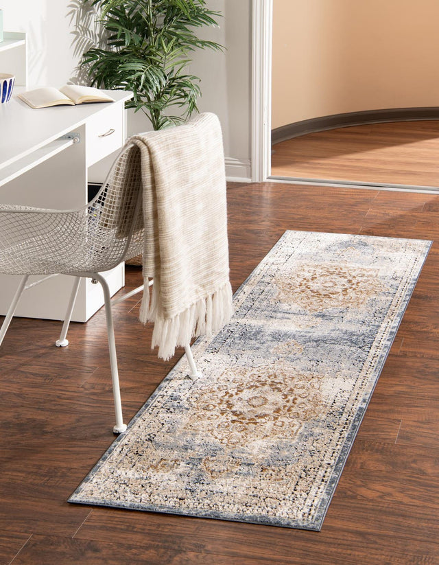 Slate Blue 2' x 6' 9 Chateau Runner Area Rug 85% Polypropylene & 15% Chenille With Cotton Backing Traditional Vintage Distressed Carpet for Classical Interior Design Decorating for Sale at Rug Engine