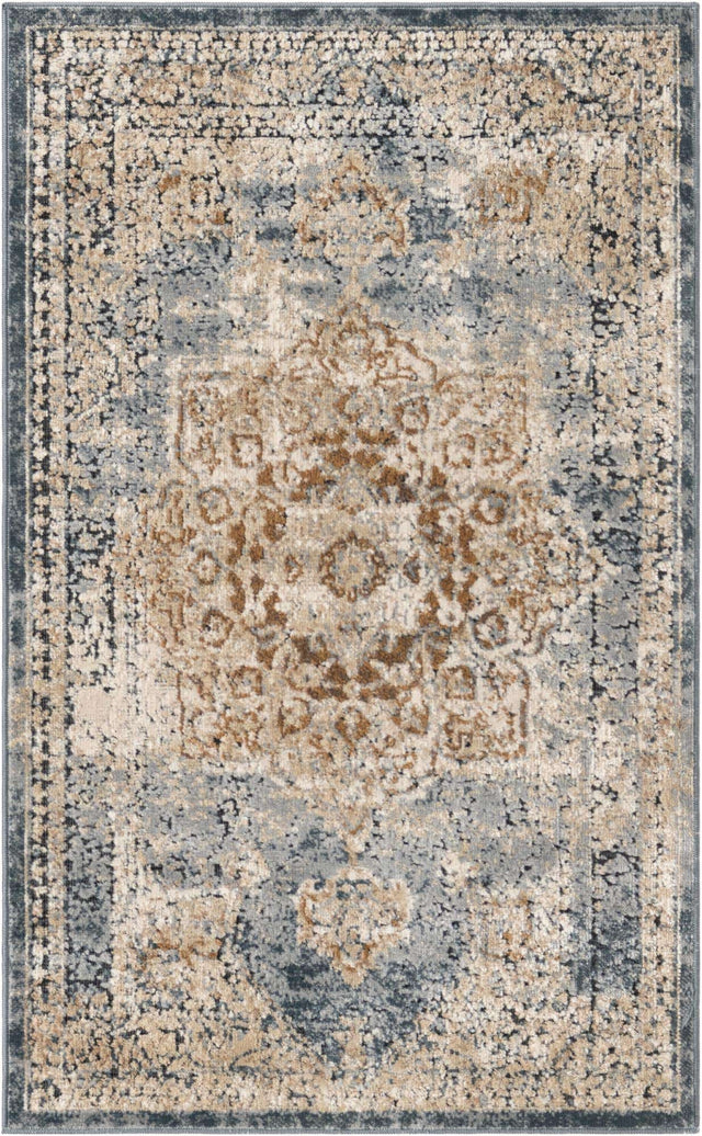 Slate Blue 2' x 3' 1 Chateau Rectangle Area Rug 85% Polypropylene & 15% Chenille With Cotton Backing Traditional Vintage Distressed Carpet for Classical Interior Design Decorating for Sale at Rug Engine