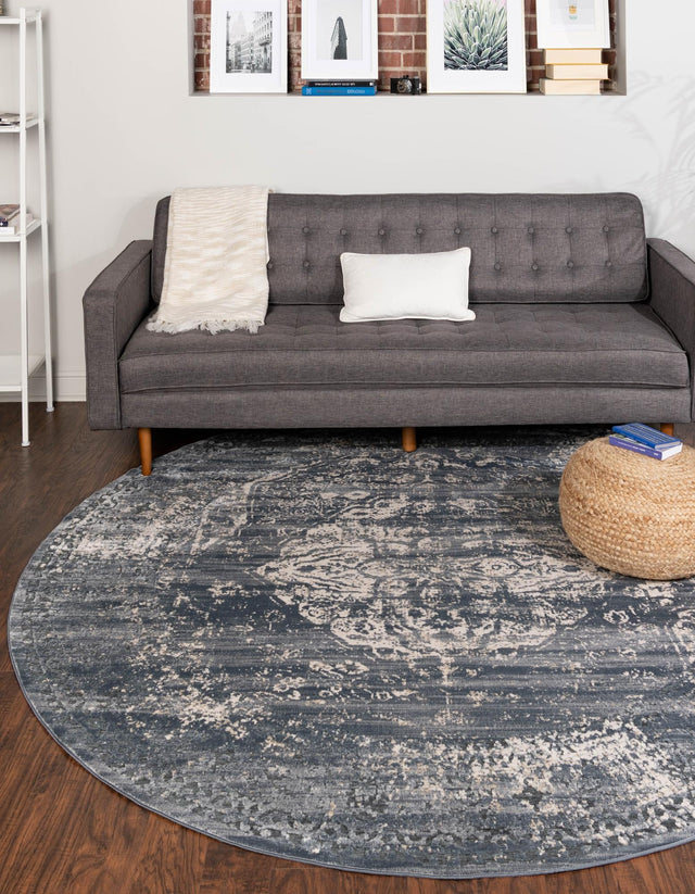 Gray Blue 4' 1 x 4' 1 Chateau Round Area Rug 85% Polypropylene & 15% Chenille With Cotton Backing Traditional Vintage Distressed Carpet for Classical Interior Design Decorating for Sale at Rug Engine