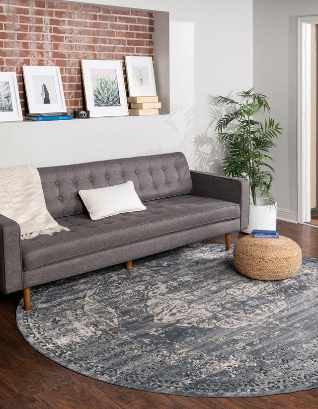 Gray Blue 4' 1 x 4' 1 Chateau Round Area Rug 85% Polypropylene & 15% Chenille With Cotton Backing Traditional Vintage Distressed Carpet for Classical Interior Design Decorating for Sale at Rug Engine