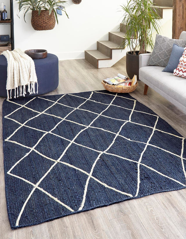 Navy Blue 8' x 10' Braided Jute Rectangle Area Rug 100% Jute Hand Braided Natural Eco-Friendly Boho Style Carpet for Living Rooms Dining Office Space Dorms for Sale at Rug Engine