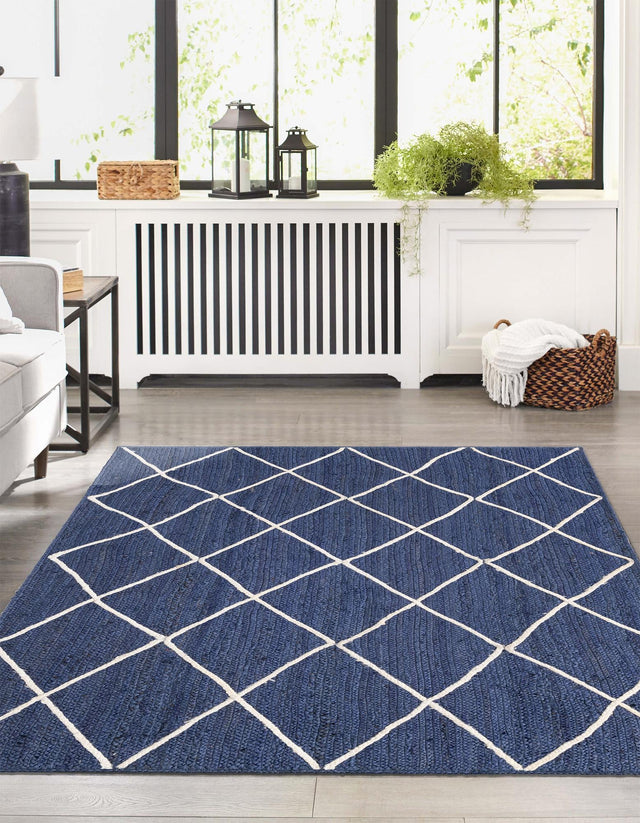 Navy Blue 9' x 12' 2 Braided Jute Rectangle Area Rug 100% Jute Hand Braided Natural Eco-Friendly Boho Style Carpet for Living Rooms Dining Office Space Dorms for Sale at Rug Engine