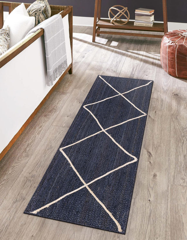 Navy Blue 2' 2 x 8' 2 Braided Jute Runner Area Rug 100% Jute Hand Braided Natural Eco-Friendly Boho Style Carpet for Living Rooms Dining Office Space Dorms for Sale at Rug Engine