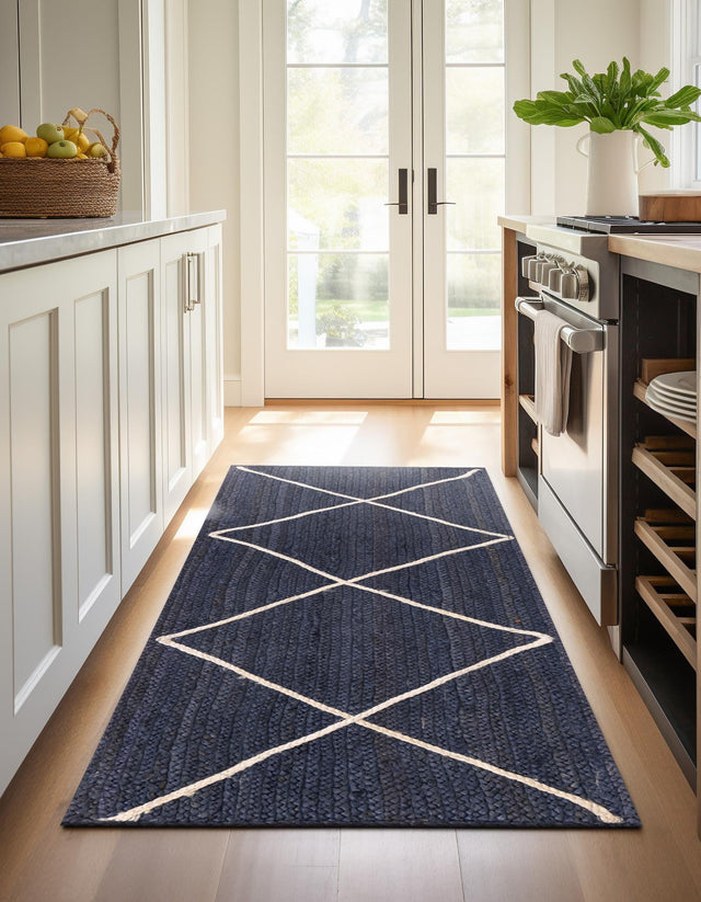 Navy Blue 2' 2 x 6' 1 Braided Jute Runner Area Rug 100% Jute Hand Braided Natural Eco-Friendly Boho Style Carpet for Living Rooms Dining Office Space Dorms for Sale at Rug Engine