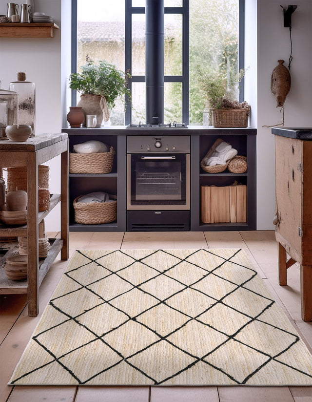 Ivory and Black 5' 1 x 8' Braided Jute Rectangle Area Rug 100% Jute Hand Braided Natural Eco-Friendly Boho Style Carpet for Living Rooms Dining Office Space Dorms for Sale at Rug Engine