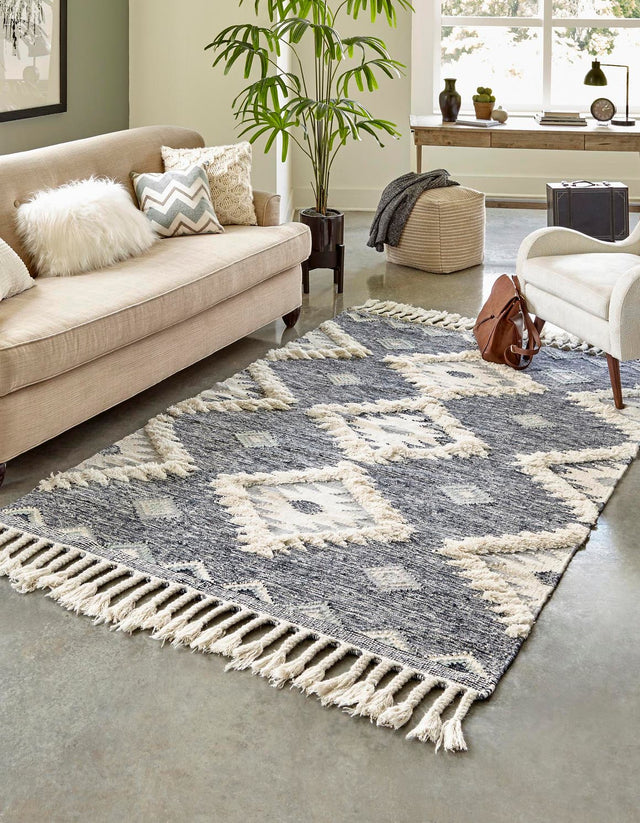 Dark Blue 9' x 12' 2 Mesa Rectangle Area Rug 100% Wool Geometric All Natural Carpet for Living, Dining, Office, Bedrooms, Dorms, Kitchens for Sale at Rug Engine