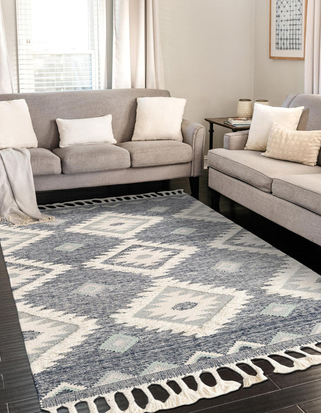 Dark Blue 9' x 12' 2 Mesa Rectangle Area Rug 100% Wool Geometric All Natural Carpet for Living, Dining, Office, Bedrooms, Dorms, Kitchens for Sale at Rug Engine
