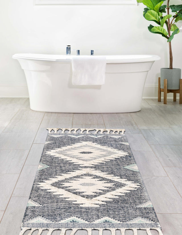 Dark Blue 2' 2 x 6' 1 Mesa Runner Area Rug 100% Wool Geometric All Natural Carpet for Living, Dining, Office, Bedrooms, Dorms, Kitchens for Sale at Rug Engine