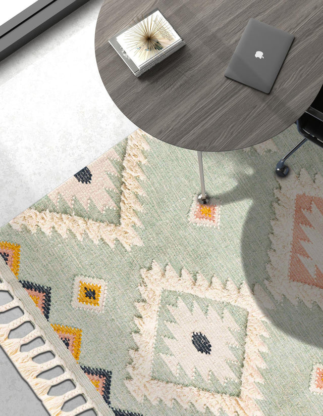 Light Aqua 7' 1 x 10' Mesa Rectangle Area Rug 100% Wool Geometric All Natural Carpet for Living, Dining, Office, Bedrooms, Dorms, Kitchens for Sale at Rug Engine