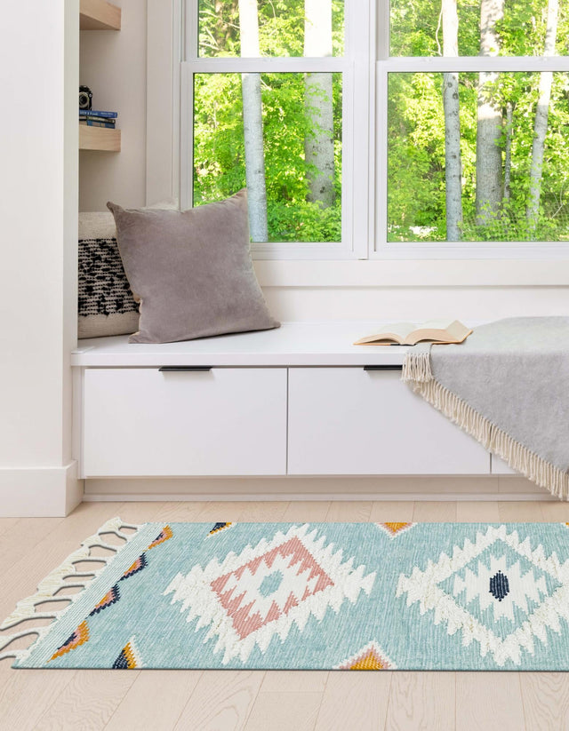 Light Aqua 2' 2 x 8' 2 Mesa Runner Area Rug 100% Wool Geometric All Natural Carpet for Living, Dining, Office, Bedrooms, Dorms, Kitchens for Sale at Rug Engine