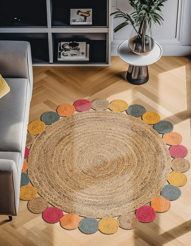 Natural 5' 1 x 5' 1 Braided Jute Round Area Rug 100% Jute Hand Braided Natural Eco-Friendly Boho Style Carpet for Living Rooms Dining Office Space Dorms for Sale at Rug Engine