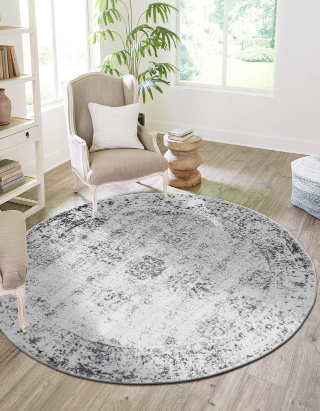 Gray 6' 1 x 6' 1 Sofia Round Area Rug Durable Easy Clean Stain Resistant Unique Carpet for Affordable Interior Home Design for Sale at Rug Engine