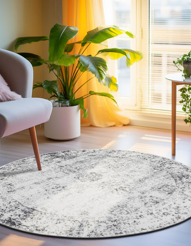 Gray 6' 1 x 6' 1 Sofia Round Area Rug Durable Easy Clean Stain Resistant Unique Carpet for Affordable Interior Home Design for Sale at Rug Engine