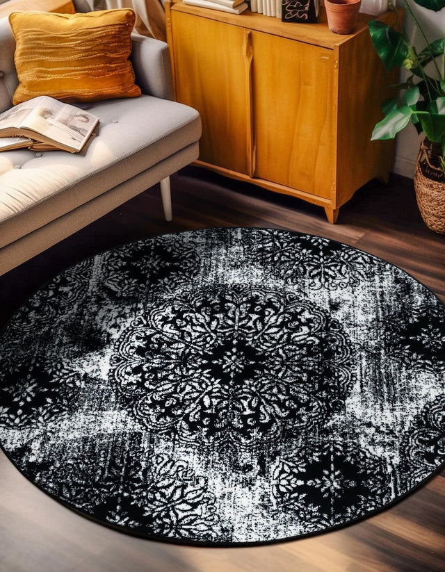 Black 5' 3 x 5' 3 Sofia Round Area Rug Durable Easy Clean Stain Resistant Unique Carpet for Affordable Interior Home Design for Sale at Rug Engine