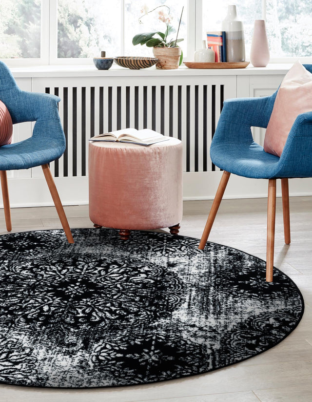 Black 7' 1 x 7' 1 Sofia Round Area Rug Durable Easy Clean Stain Resistant Unique Carpet for Affordable Interior Home Design for Sale at Rug Engine