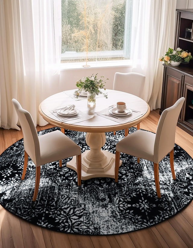 Black 5' 3 x 5' 3 Sofia Round Area Rug Durable Easy Clean Stain Resistant Unique Carpet for Affordable Interior Home Design for Sale at Rug Engine