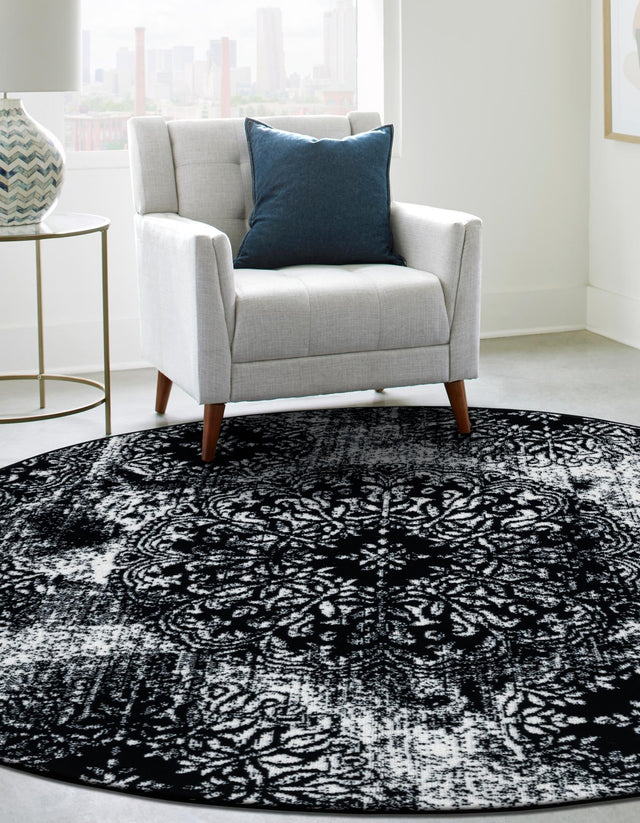 Black 7' 1 x 7' 1 Sofia Round Area Rug Durable Easy Clean Stain Resistant Unique Carpet for Affordable Interior Home Design for Sale at Rug Engine