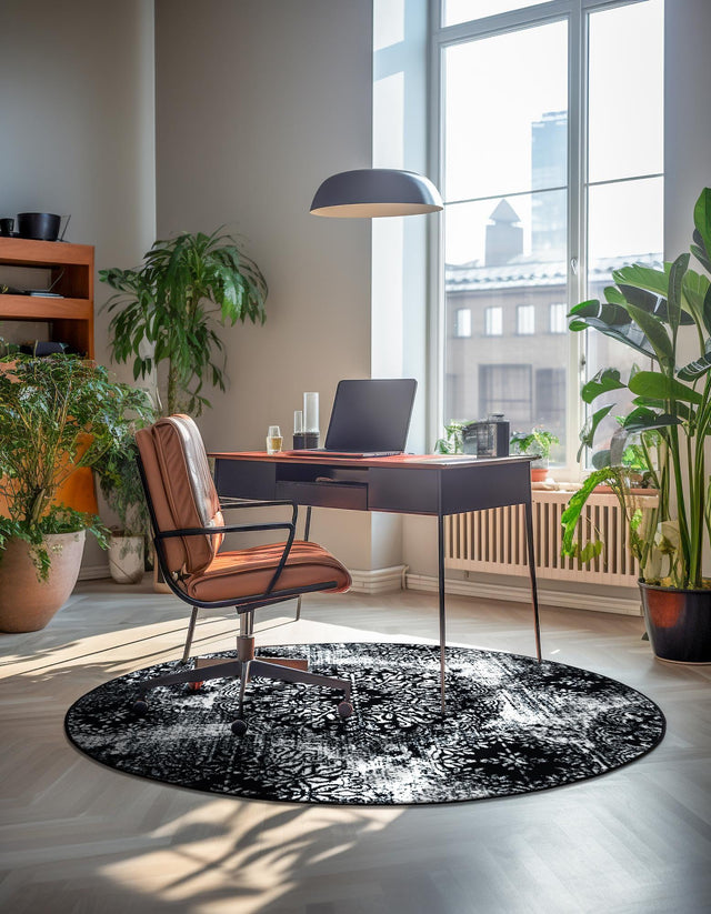 Black 7' 1 x 7' 1 Sofia Round Area Rug Durable Easy Clean Stain Resistant Unique Carpet for Affordable Interior Home Design for Sale at Rug Engine