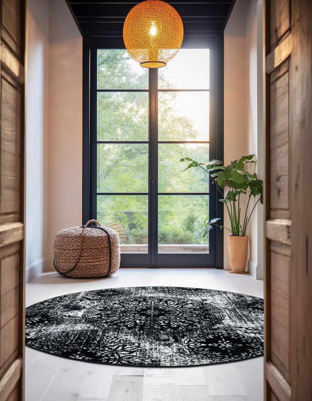 Black 7' 1 x 7' 1 Sofia Round Area Rug Durable Easy Clean Stain Resistant Unique Carpet for Affordable Interior Home Design for Sale at Rug Engine