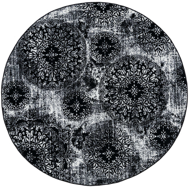 Black 7' 1 x 7' 1 Sofia Round Area Rug Durable Easy Clean Stain Resistant Unique Carpet for Affordable Interior Home Design for Sale at Rug Engine