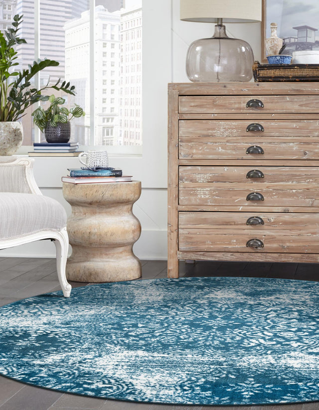Blue 5' 3 x 5' 3 Sofia Round Area Rug Durable Easy Clean Stain Resistant Unique Carpet for Affordable Interior Home Design for Sale at Rug Engine