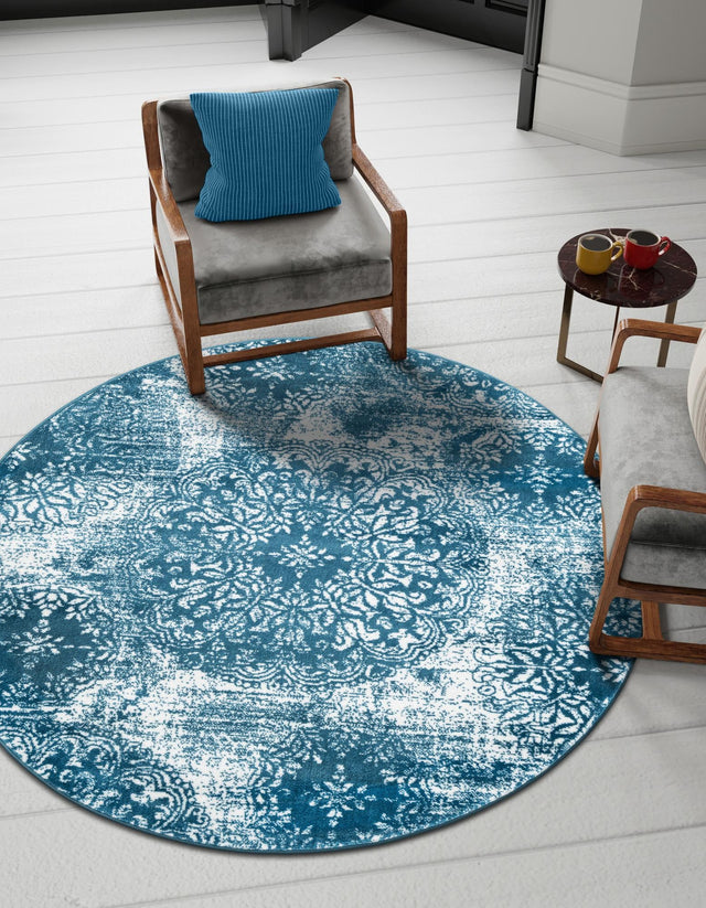 Blue 5' 3 x 5' 3 Sofia Round Area Rug Durable Easy Clean Stain Resistant Unique Carpet for Affordable Interior Home Design for Sale at Rug Engine