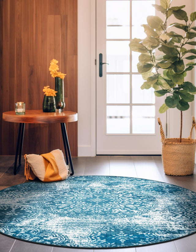 Blue 5' 3 x 5' 3 Sofia Round Area Rug Durable Easy Clean Stain Resistant Unique Carpet for Affordable Interior Home Design for Sale at Rug Engine