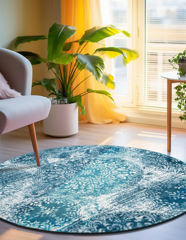 Blue 7' 1 x 7' 1 Sofia Round Area Rug Durable Easy Clean Stain Resistant Unique Carpet for Affordable Interior Home Design for Sale at Rug Engine