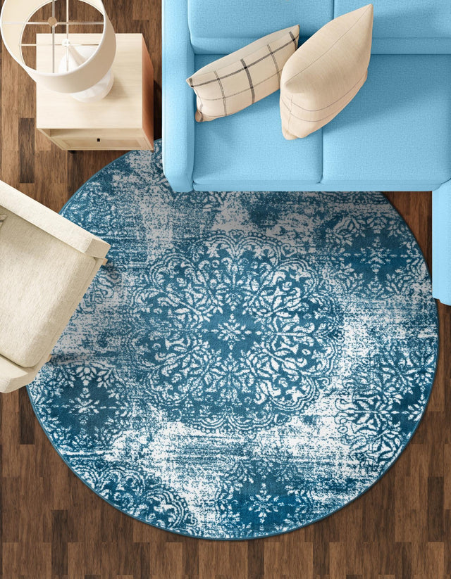 Blue 7' 1 x 7' 1 Sofia Round Area Rug Durable Easy Clean Stain Resistant Unique Carpet for Affordable Interior Home Design for Sale at Rug Engine