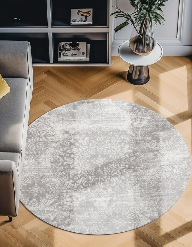 Light Gray 5' 3 x 5' 3 Sofia Round Area Rug Durable Easy Clean Stain Resistant Unique Carpet for Affordable Interior Home Design for Sale at Rug Engine