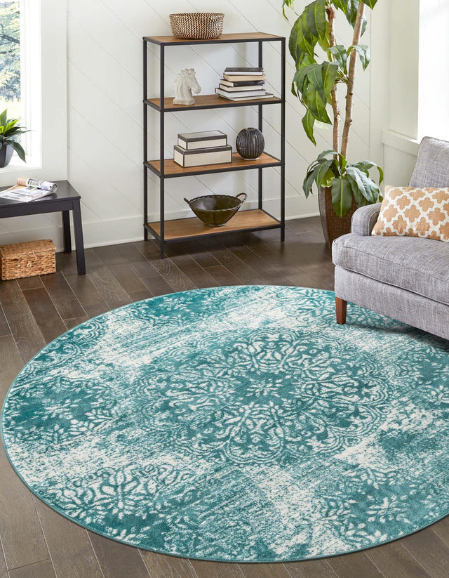 Turquoise 7' 1 x 7' 1 Sofia Round Area Rug Durable Easy Clean Stain Resistant Unique Carpet for Affordable Interior Home Design for Sale at Rug Engine