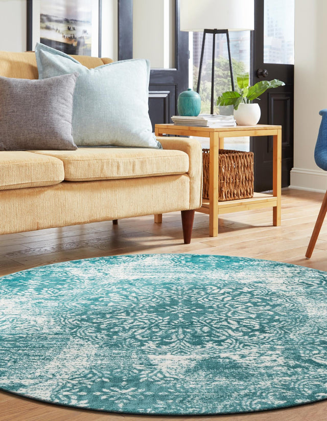 Turquoise 5' 3 x 5' 3 Sofia Round Area Rug Durable Easy Clean Stain Resistant Unique Carpet for Affordable Interior Home Design for Sale at Rug Engine