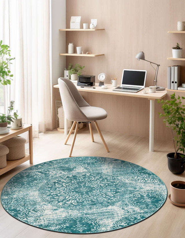 Turquoise 5' 3 x 5' 3 Sofia Round Area Rug Durable Easy Clean Stain Resistant Unique Carpet for Affordable Interior Home Design for Sale at Rug Engine
