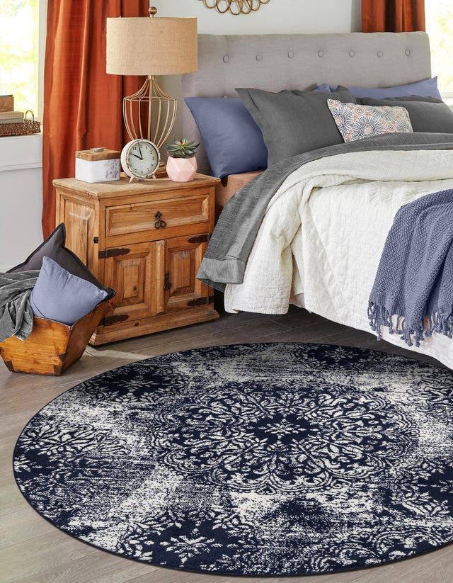 Navy Blue 7' 1 x 7' 1 Sofia Round Area Rug Durable Easy Clean Stain Resistant Unique Carpet for Affordable Interior Home Design for Sale at Rug Engine