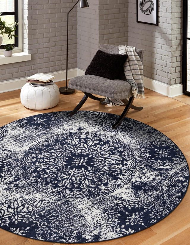 Navy Blue 5' 3 x 5' 3 Sofia Round Area Rug Durable Easy Clean Stain Resistant Unique Carpet for Affordable Interior Home Design for Sale at Rug Engine