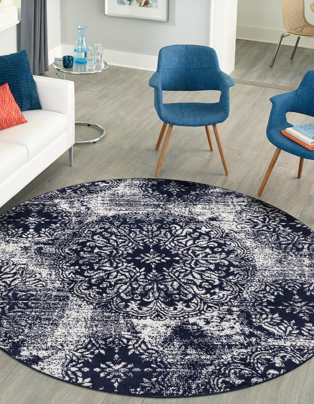 Navy Blue 7' 1 x 7' 1 Sofia Round Area Rug Durable Easy Clean Stain Resistant Unique Carpet for Affordable Interior Home Design for Sale at Rug Engine