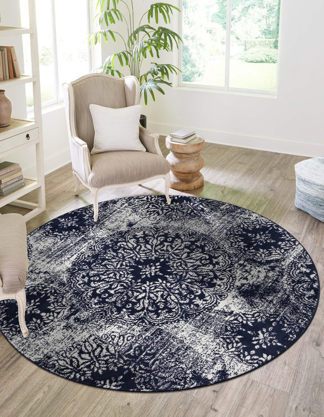 Navy Blue 5' 3 x 5' 3 Sofia Round Area Rug Durable Easy Clean Stain Resistant Unique Carpet for Affordable Interior Home Design for Sale at Rug Engine