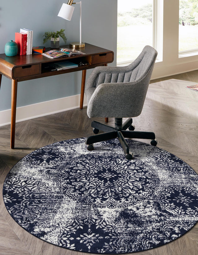 Navy Blue 5' 3 x 5' 3 Sofia Round Area Rug Durable Easy Clean Stain Resistant Unique Carpet for Affordable Interior Home Design for Sale at Rug Engine