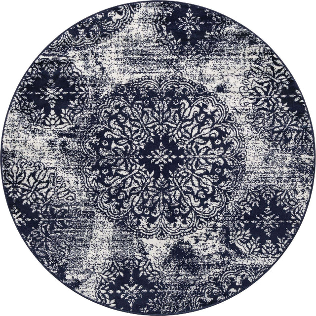 Navy Blue 5' 3 x 5' 3 Sofia Round Area Rug Durable Easy Clean Stain Resistant Unique Carpet for Affordable Interior Home Design for Sale at Rug Engine