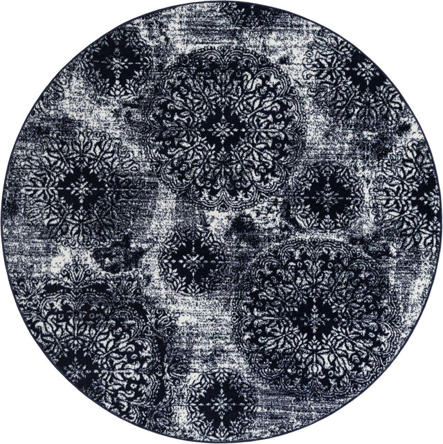 Navy Blue 7' 1 x 7' 1 Sofia Round Area Rug Durable Easy Clean Stain Resistant Unique Carpet for Affordable Interior Home Design for Sale at Rug Engine