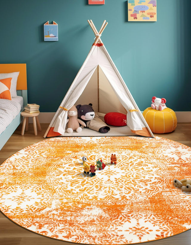 Orange 7' 1 x 7' 1 Sofia Round Area Rug Durable Easy Clean Stain Resistant Unique Carpet for Affordable Interior Home Design for Sale at Rug Engine