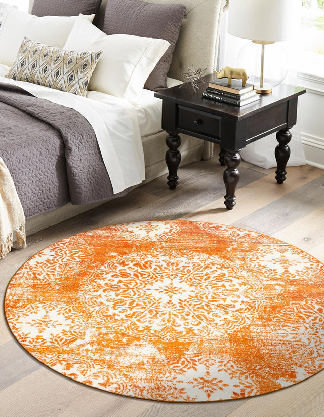 Orange 7' 1 x 7' 1 Sofia Round Area Rug Durable Easy Clean Stain Resistant Unique Carpet for Affordable Interior Home Design for Sale at Rug Engine