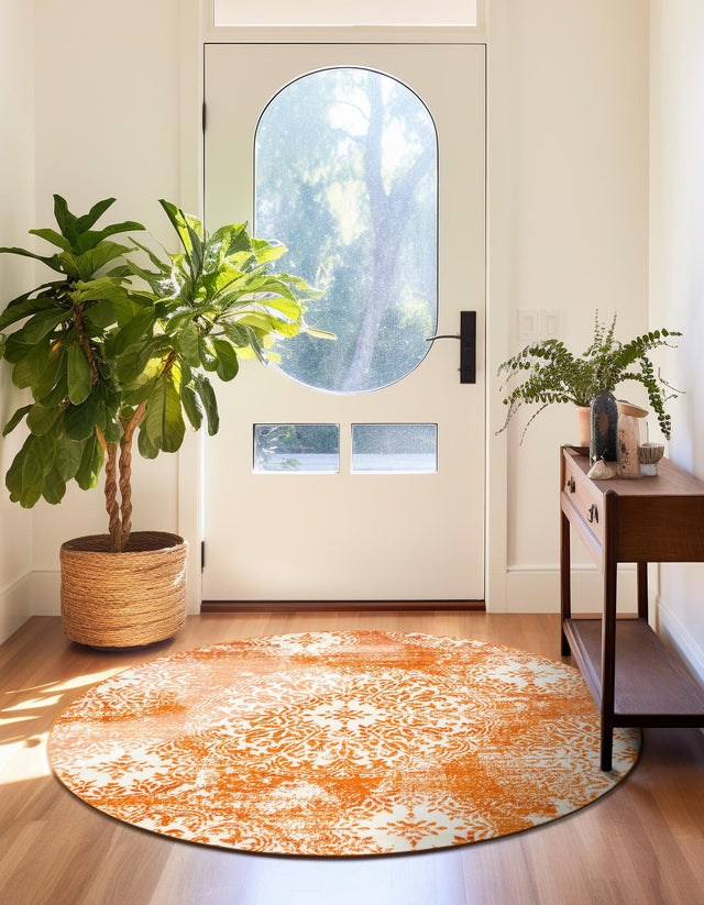 Orange 5' 3 x 5' 3 Sofia Round Area Rug Durable Easy Clean Stain Resistant Unique Carpet for Affordable Interior Home Design for Sale at Rug Engine
