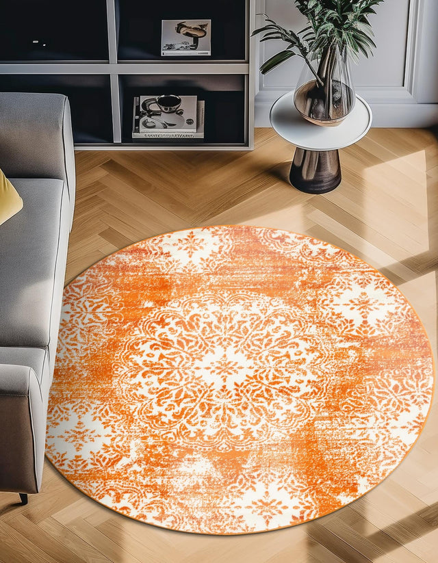 Orange 7' 1 x 7' 1 Sofia Round Area Rug Durable Easy Clean Stain Resistant Unique Carpet for Affordable Interior Home Design for Sale at Rug Engine
