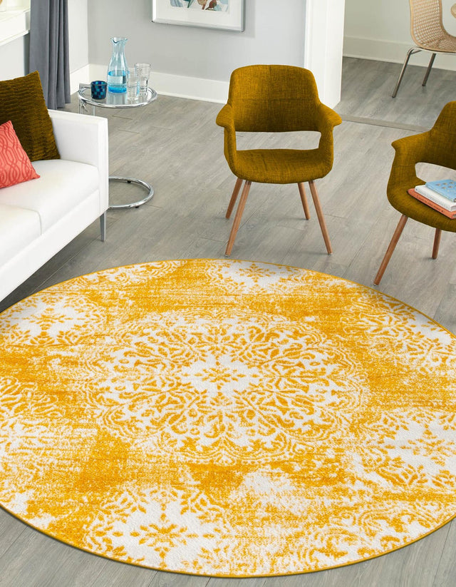 Yellow 5' 3 x 5' 3 Sofia Round Area Rug Durable Easy Clean Stain Resistant Unique Carpet for Affordable Interior Home Design for Sale at Rug Engine