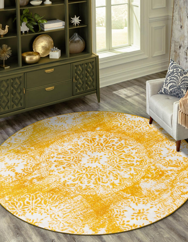 Yellow 7' 1 x 7' 1 Sofia Round Area Rug Durable Easy Clean Stain Resistant Unique Carpet for Affordable Interior Home Design for Sale at Rug Engine